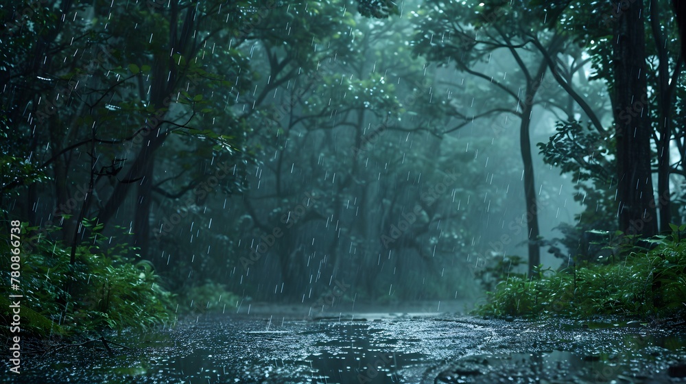 A deep, dark forest during a heavy rainstorm, with raindrops cascading through the dense foliage, creating a network of shimmering, wet paths on the ground