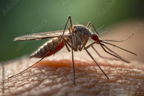 Mosquito on human shoulder. The mosquito is brown and red. Mosquito drinks blood - macro shot