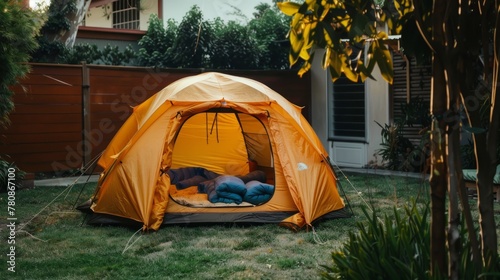 Orange tent in a backyard garden, casual home camping concept, suitable for outdoor activity themes and leisure lifestyle promotion, peaceful suburban leisure scene.