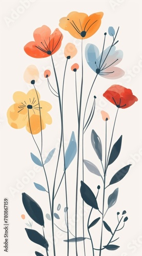Stylized wildflowers illustration, minimalist and elegant, ideal for modern home decor, botanical artwork with a soothing color palette, suitable for stationery and textile design © Flow_control