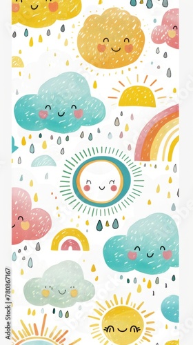 Cute smiling weather elements and rainbows illustration, a whimsical and endearing design perfect for children's materials, nursery decor, or cheerful stationery, in a light and pastel color scheme