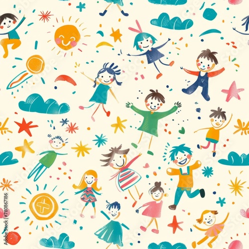 Animated children playing with celestial motifs pattern, a vibrant and imaginative design, great for educational materials, kids' room wallpaper, or playful apparel, filled with joy and creativity