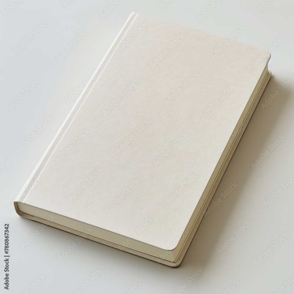 Fototapeta premium Plain white hardcover notebook with a minimalist design, closed and placed on a light surface, representing simplicity, blank space for ideas, and potential for creativity