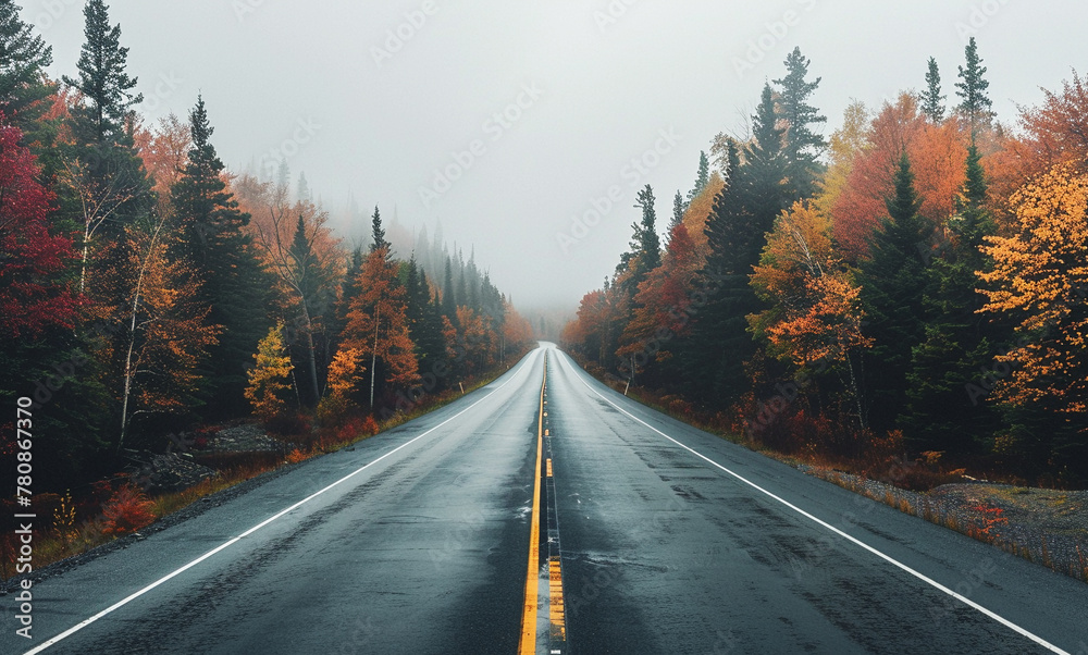Empty Canadian Highway Amidst Autumn Wilderness