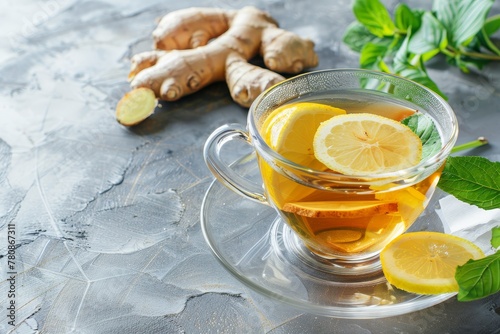 Home remedy for colds and flu hot herbal tea with ginger and lemon on a bright grey background