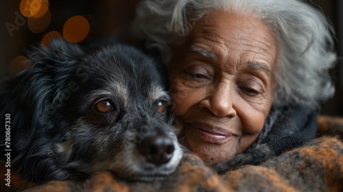 Elderly woman embracing black and white dog, close-up portrait with bokeh background, depicting human-pet companionship, design suitable for poster, banner, greeting card