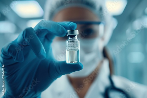 A close-up view in a sterile clinical setting shows a healthcare professional with a reassuring smile holding a small, transparent vial containing a CAR T-cell therapy product.