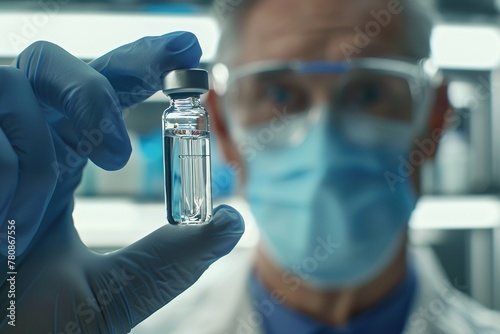 A healthcare provider, their expression radiating empathy, carefully cradles a small, clear vial filled with a CAR T-cell immunotherapy product in a modern hospital setting. photo