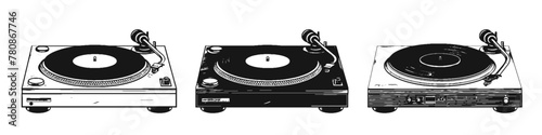 Three vector images of a turntable