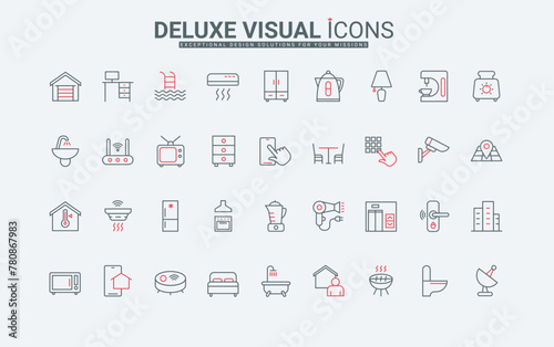Household objects and domestic equipment, electric appliances line icons set. House and garage lock and CCTV system, bathroom and kitchen thin black and red outline symbols, vector illustration © Iconic Prototype