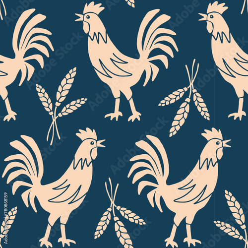Roosters and Wheat Spikes Seamless Vector Pattern for Kitchen Decoration, Wallpaper, Textiles, Packaging 