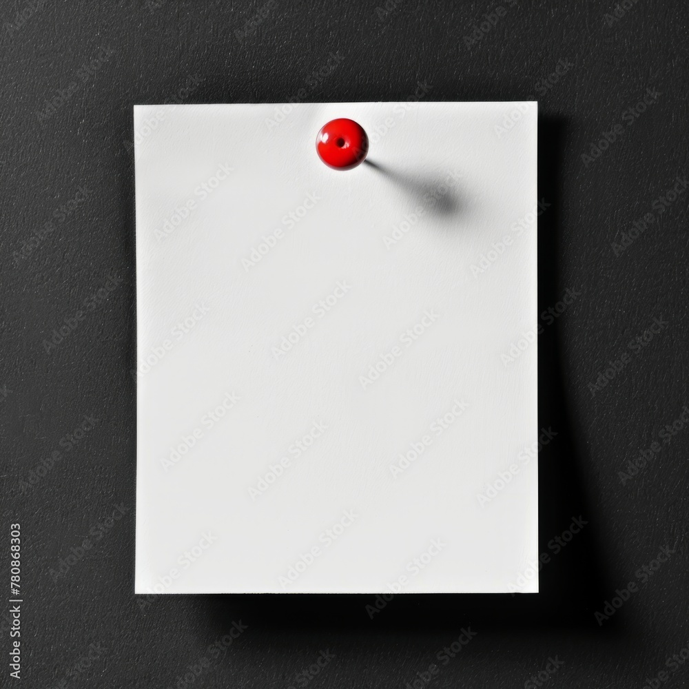 Blank white note pinned with a red thumbtack on black background. Directly above view with shadow, space for text. Message, reminder, or office stationery concept Blank white note pinned with a red thumbtack on black background. Directly above view with shadow, space for text. Message, reminder, or office stationery concept