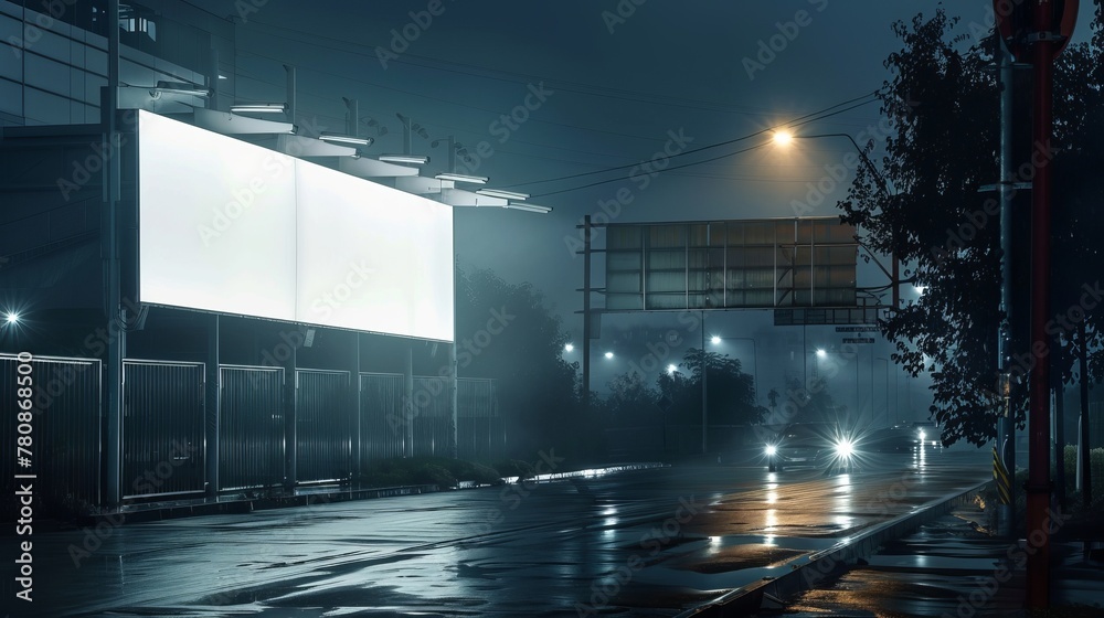 A vivid nighttime scene featuring an outdoor billboard mockup