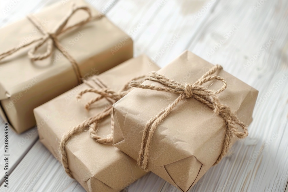 Two packages wrapped in brown paper and tied with twine. Suitable for holiday and gift concepts