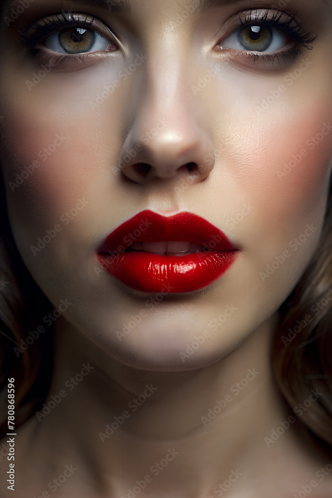 A close-up of lips with a slight smile and red lipstick A close-up of lips with a slight smile and red lipstick