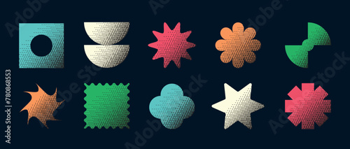 Set of geometric shapes in the style of bit art. A collection of semicircle, square, rectangle wavy edges, star, y2k style elements on an isolated background. Vector illustration.