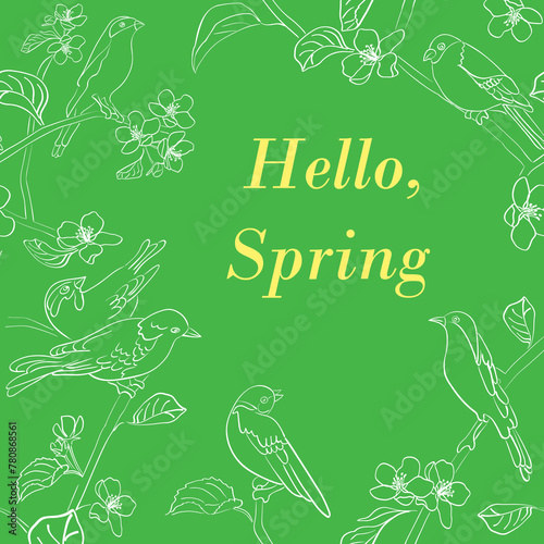 green background with white birds on branches. Vector banner. Floral illustration. Spring garden. Hello spring