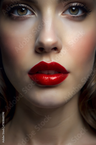 A close-up of lips with a slight smile and red lipstick