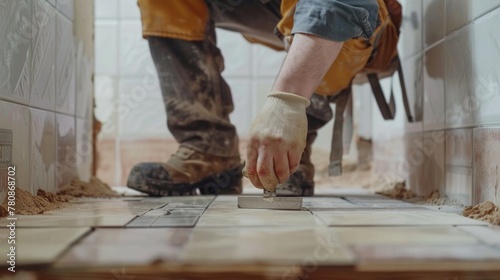 A man is seen working on a tile floor. Suitable for construction or renovation projects © Fotograf