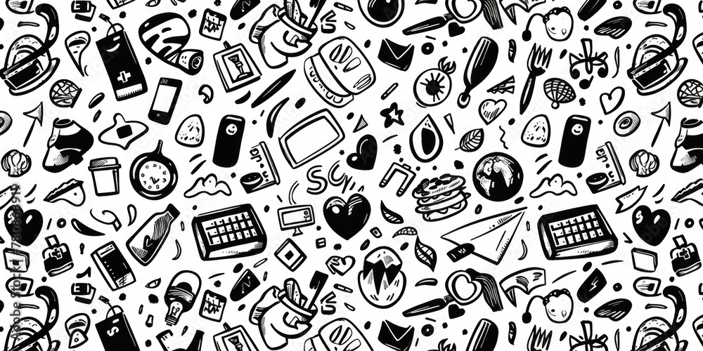 A detailed black and white drawing of various objects. Suitable for graphic design projects A detailed black and white drawing of various objects. Suitable for graphic design projects