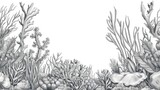 Detailed black and white illustration of a coral reef. Suitable for educational materials or marine conservation campaigns