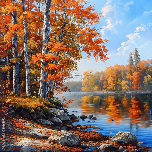 Autumn Forest Landscape by the Lake on Sunny Day