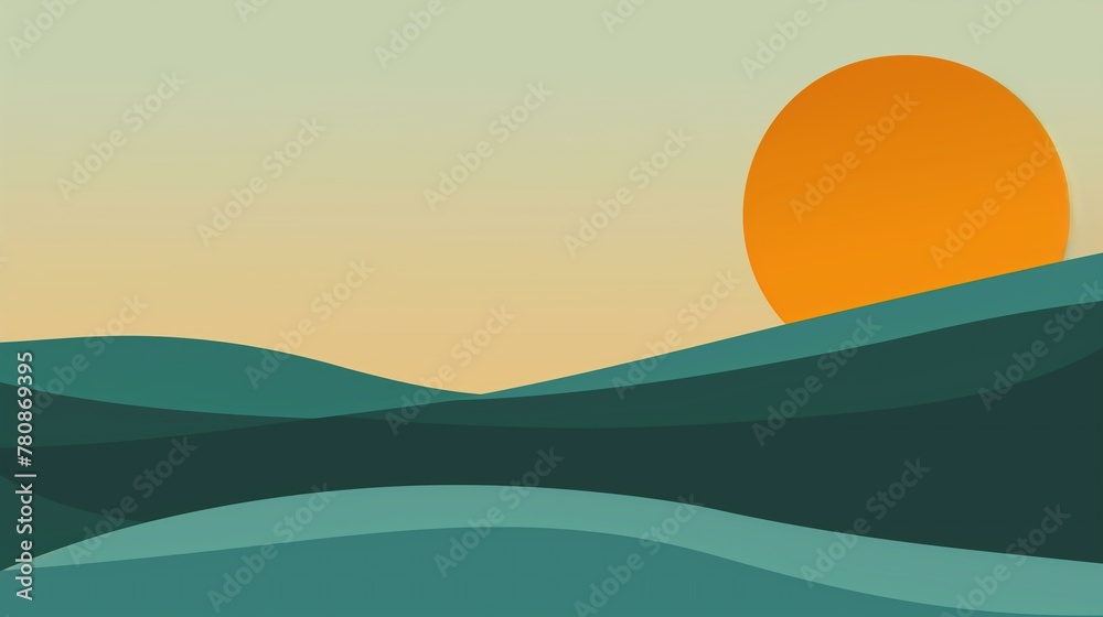 simple flat vector illustration of the sun setting over rolling hills, with a smooth gradient from light orange to teal blue, symbolizing tranquility and nature's beauty.