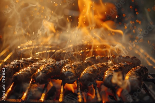 Hot dogs sizzling on a barbecue grill, perfect for summer cookouts photo