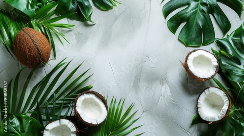 Fresh coconuts on a wooden table, perfect for tropical themed designs
