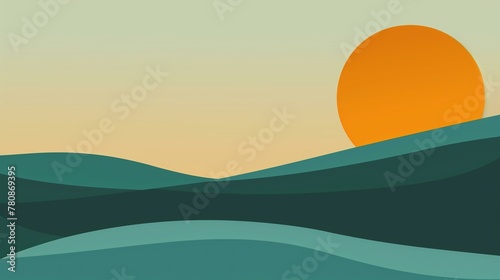 simple flat vector illustration of the sun setting over rolling hills, with a smooth gradient from light orange to teal blue, symbolizing tranquility and nature's beauty.