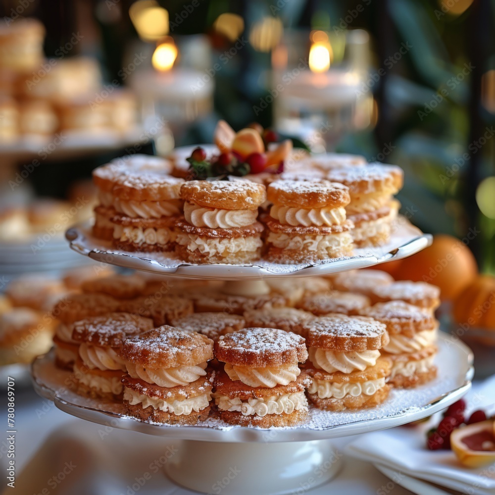 A little tower of alfajores de dulce de leche on a plate on the table at an outdoor wedding, generated with AI