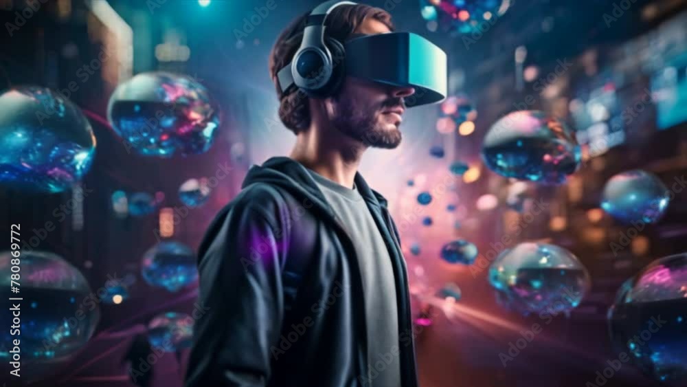 man wearing a VR headset designs a detailed virtual world. On the background is full of floating codes. man wearing a VR headset designs a detailed virtual world. On the background is full of floating codes.
