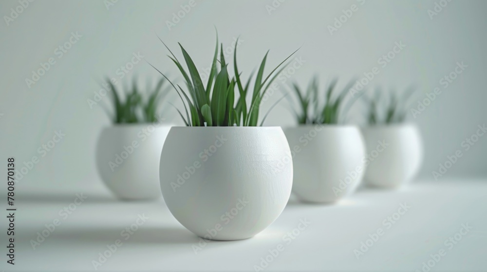 Group of white vases with green plants, perfect for interior design projects