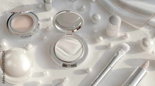 A white table with various cosmetics and makeup brushes. Ideal for beauty and fashion concepts