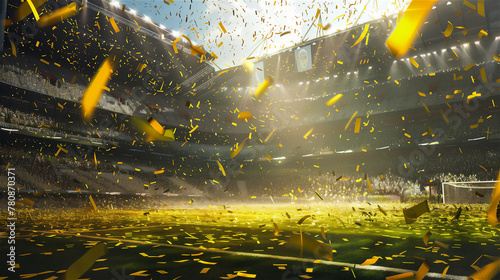 Falling down gold confetti on soccer arena. © cegli