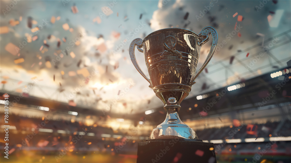 A cup for the winner surrounded by colorful confetti.