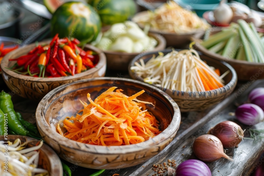 Ingredients in Thai cuisine such as Papaya salad