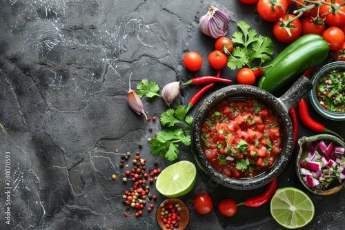 Ingredients for traditional Mexican tomato salsa on grey background with copy space photo