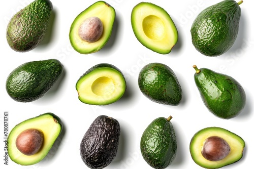 Isolated collection of avocado photos with a studio macro focus including the avocado with a clipping path