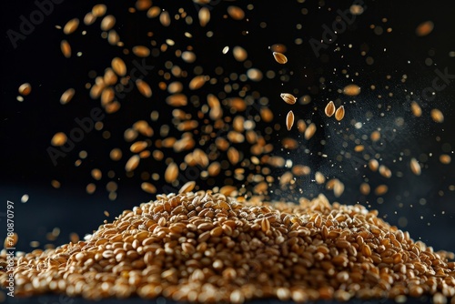 Isolated dry wheat grains on black background close up