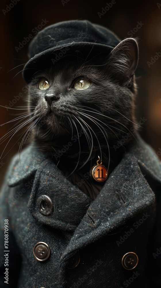 Black and white, high-contrast portrait of a cat in a detective's outfit, generated with AI Black and white, high-contrast portrait of a cat in a detective's outfit, generated with AI
