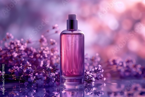 Cosmetic bottle template  purple bottle of cosmetic products on exquisite purple background with purple flowers  empty cosmetic container with spray bottle  mockup design