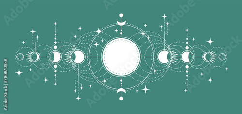 Moon Phases Set White Mysterious Moonlight Activity Stages on a Green Magic Astrology Concept. Vector illustration