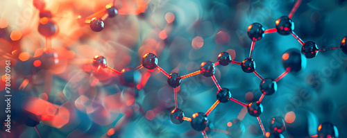 Abstract background with molecular structure. Molecule model on neon bokeh background. Atom model, chemical formula. Science and technology concept. Banner for medicine, biology, chemistry or physics