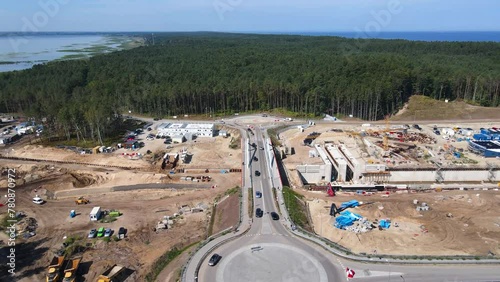 Mierzeja Wislana, Poland - August 13, 2021: Aerial view of Construction Site Of Vistula Spit Canal On Baltic Sea which is very controversial politics matter between the governing party and oppositions photo