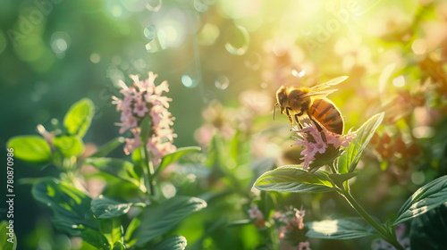 A honey bee collects nectar from oregano flowers in a garden.