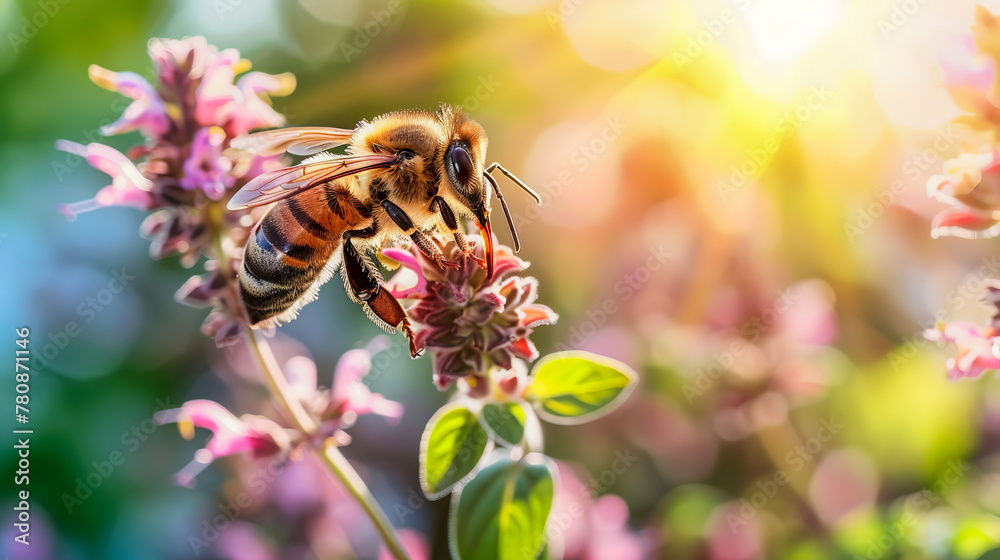 A honey bee collects nectar from oregano flowers in a garden. A honey bee collects nectar from oregano flowers in a garden.