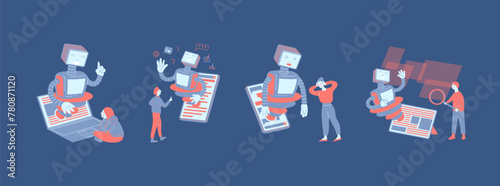 Cartoon Color Characters People Online Communication with Chat Bot Artificial Intelligence Technology Concept Flat Design Style. Vector illustration