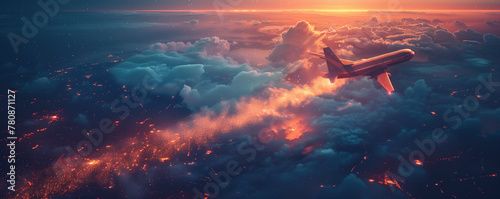 Passenger plane flies through the clouds over a night city, leaving a trail in the sky. Banner with place for text, side view. Concept of aviation, air travel and tourism