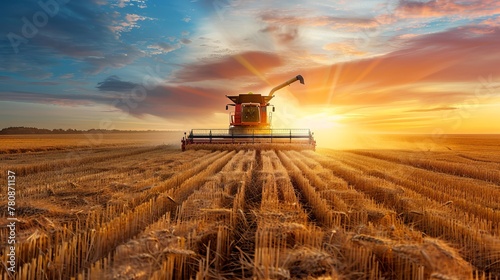 big combine harvester threshing in the sunset. photo